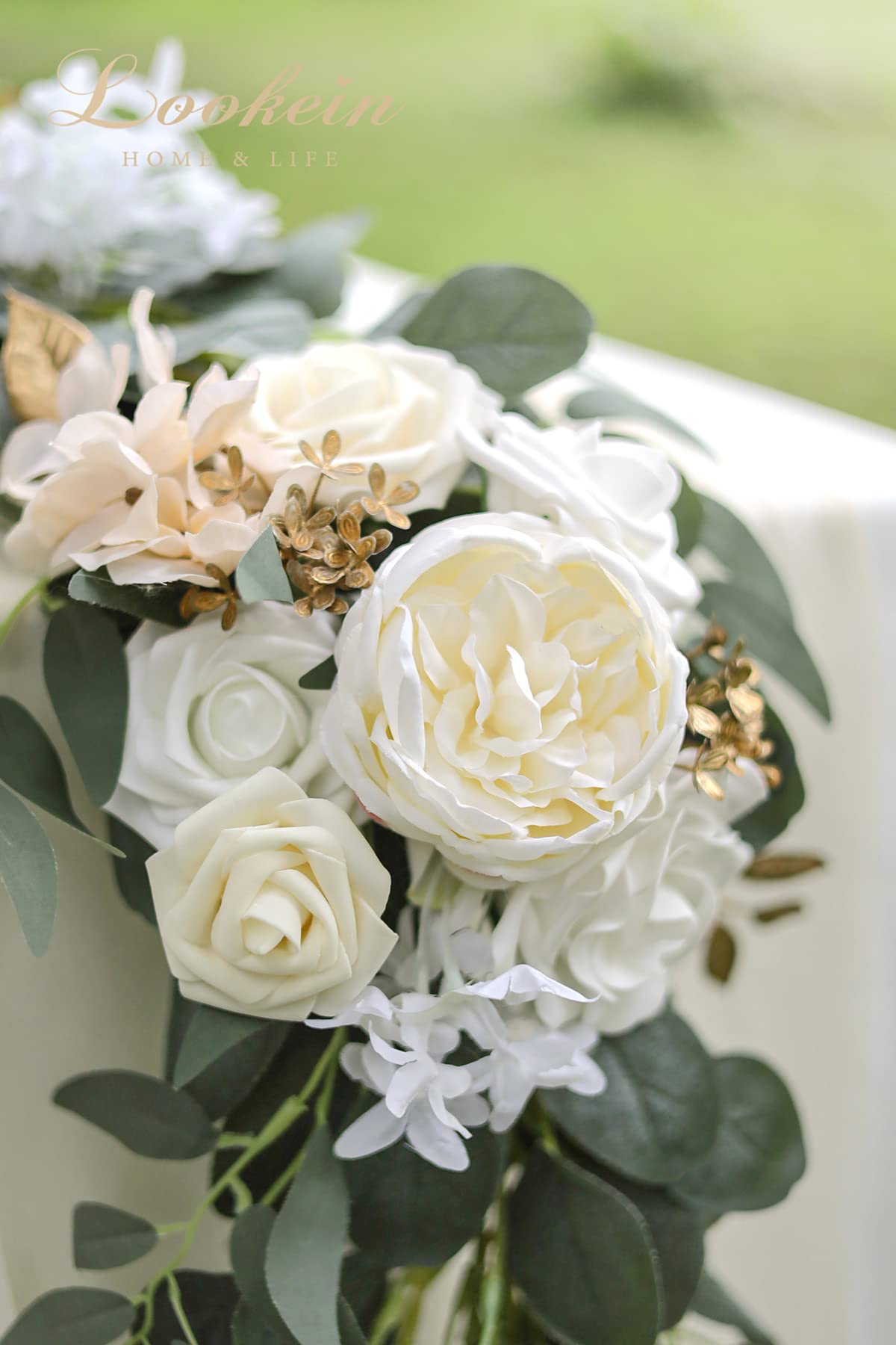 Lookein Blumengirlande, Eukalyptus-Girlande mit Blumen für Hochzeit, Tafelaufsätze für Probe, Abendessen, Brautparty, cremefarben, 1,8 m