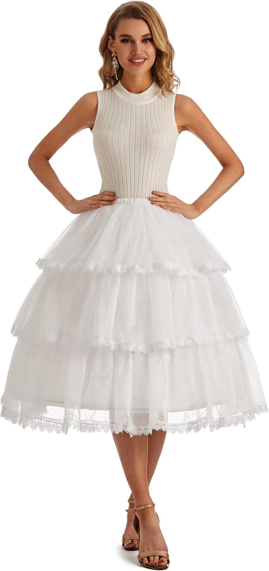 Women’s 3 Hoop Petticoat White Crinoline Underskirt for Cosplay Lolita Retro Dress Length Adjustable PPT630