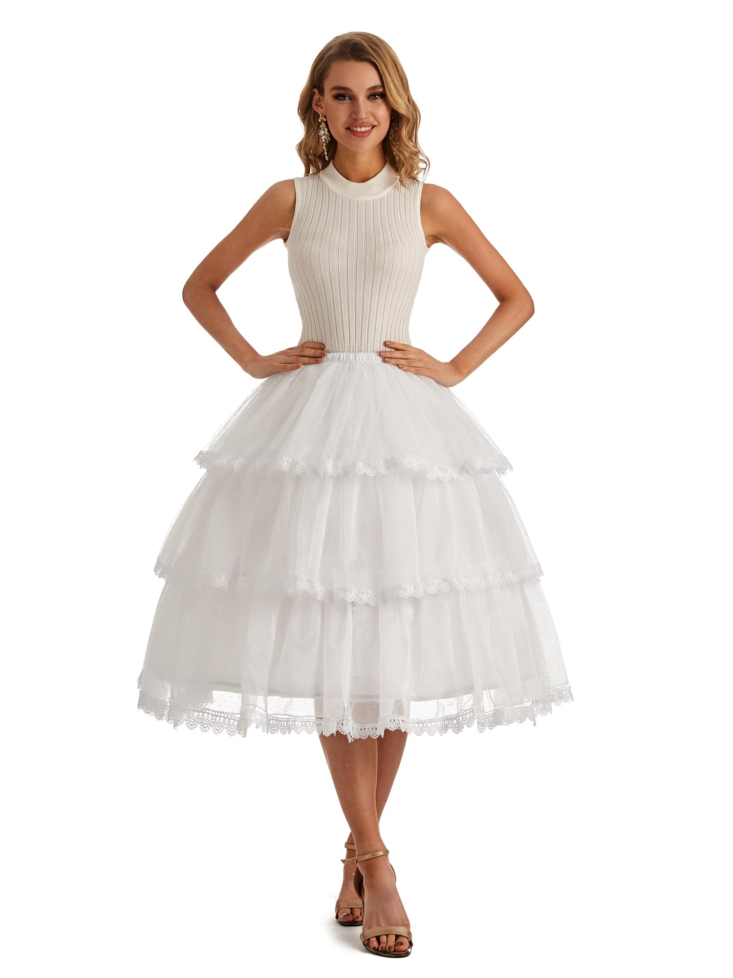 Women’s 3 Hoop Petticoat White Crinoline Underskirt for Cosplay Lolita Retro Dress Length Adjustable PPT630