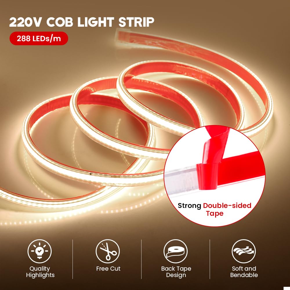 Tira de neón LED COB 220V [20m, Blanco natural 4000-4500K], IP65 impermeable flexible, 288 LEDs/m cortable tira de LED FCOB, iluminación decorativa para hogar y tienda