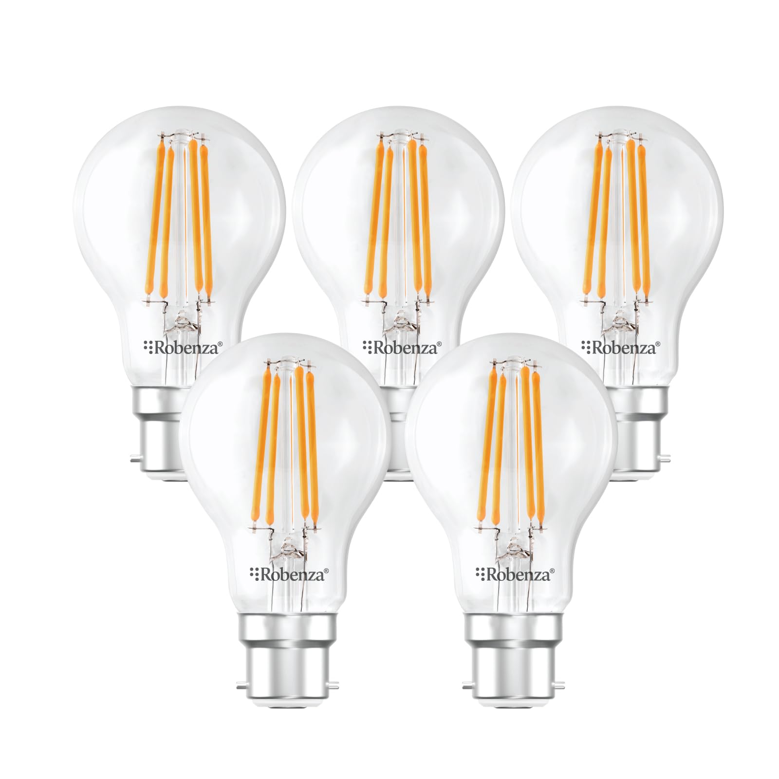 Robenza B22 LED Filament Light Bulbs – 7.3W (60W Equivalent) 806 lumens, Warm White 2700K, Clear GLS Large Bayonet LED, Long Life, Energy Saving Decorative Ceiling Light Lamp – Pack of 5