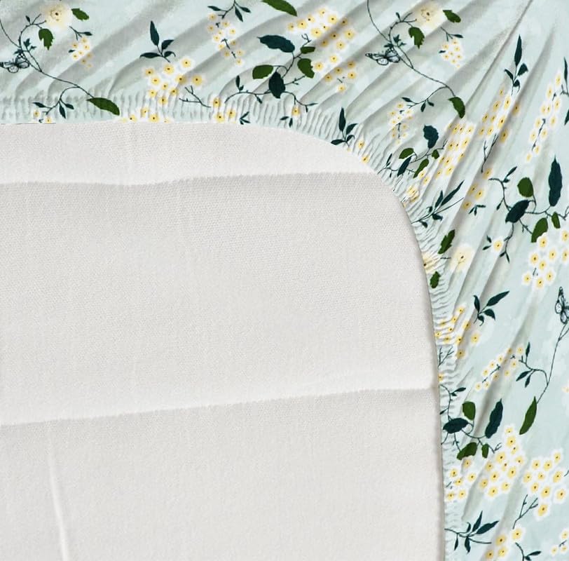 Image of NHD HOME Premium Cotton Elastic Fitted Bedsheets with 2 King Size Pillow Covers Double Bed with All Around Elastic Supersoft Size - 72 x 78 +10 inches Floral Pattren Aqua and Green 200 tc - 220 tc