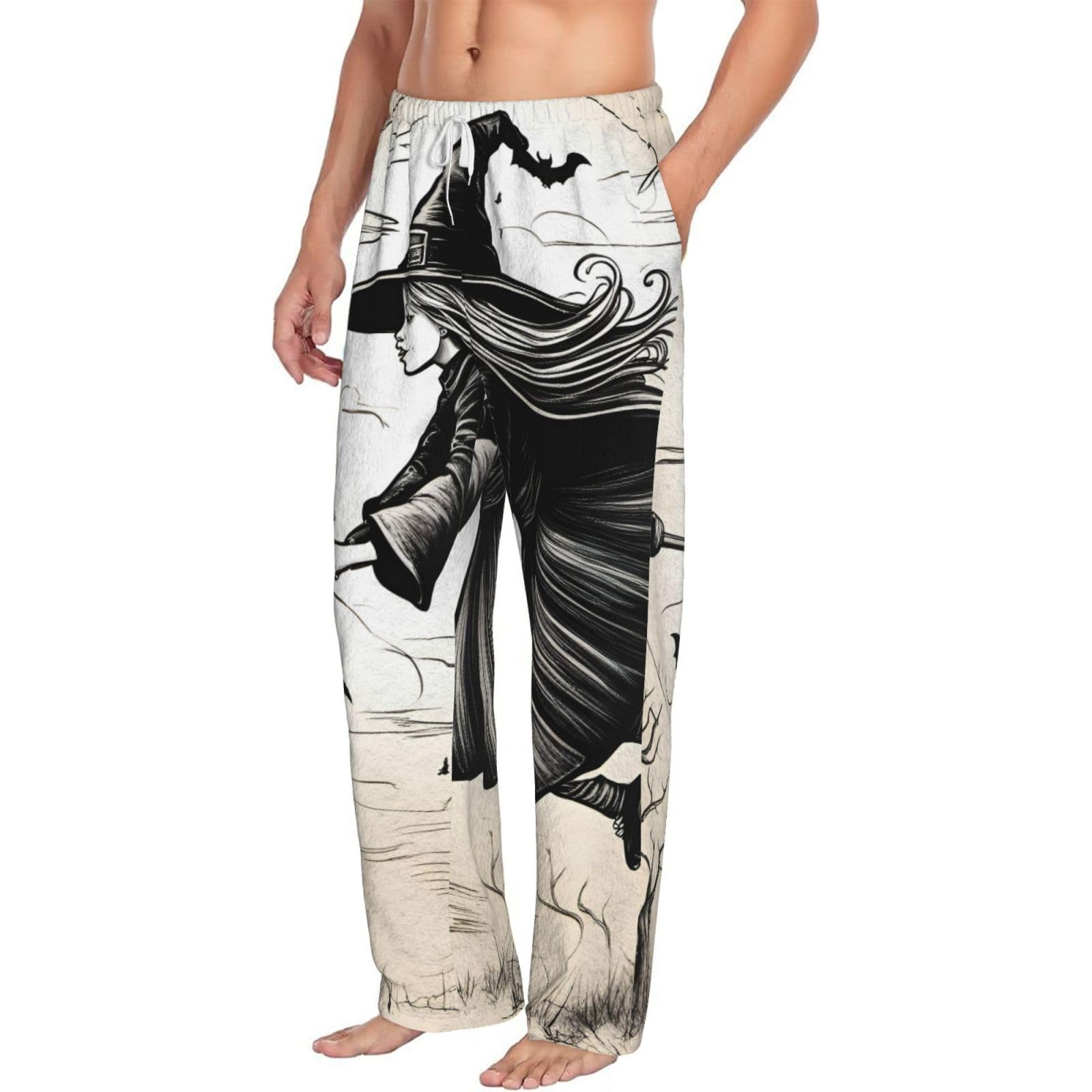 Pantalones de pijama de Halloween con estampado de bruja voladora para hombre, pantalones de pijama de forro polar, pijamas a cuadros con bolsillos