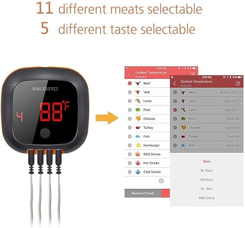 Miniatura 3 de Inkbird Termómetro digital inalámbrico Bluetooth para carne con 4 sondas, temporizador, alarma, barbacoa de 150 pies, cocina, alimentos, carne,