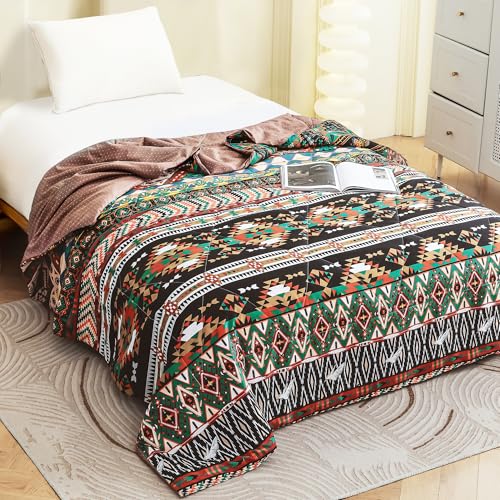 Image of Ac Comforter Single Bed Boho with Satin Finish 240 GSM - Reversible AC Comforter - Black & Yellow, Aztec Comforter Quilt Duvet Dohar Blanket for Summer 150 X 225 cm