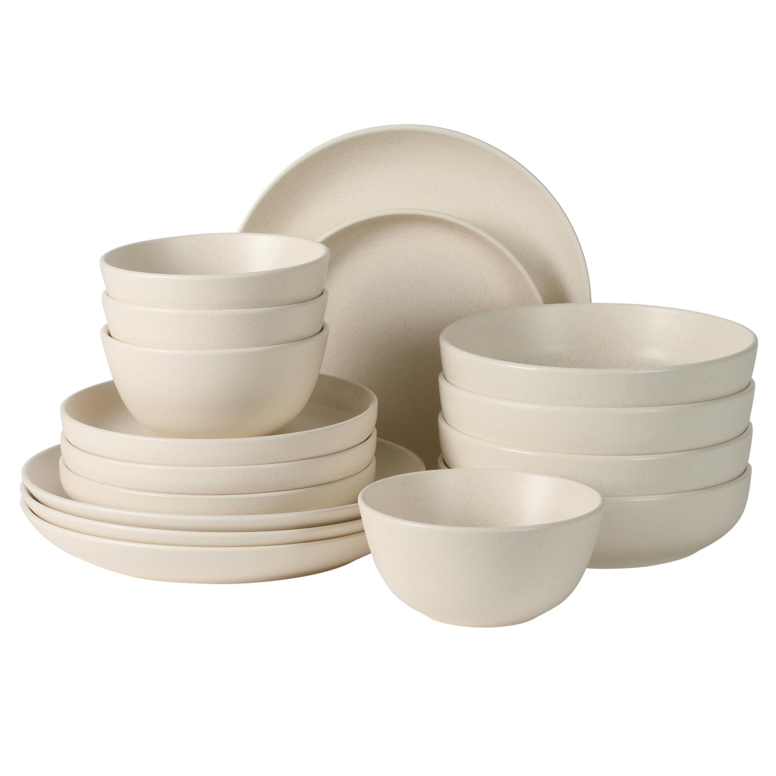 Leeds Court Plates and Bowls Sets, 16-Piece Stoneware Dinnerware Sets, Cream White, Round Speckle Reactive Glaze Dish Set
