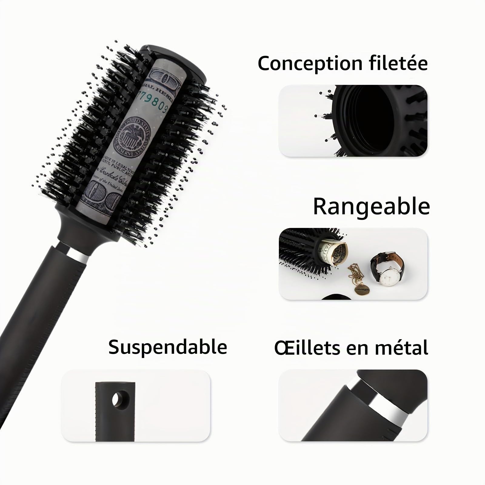 Brosse à cheveux avec rangement secret - Coffre-fort cacher argent et clés, brosse à cheveux de voyage - Tirelire discrète pour objets de valeur (noir)