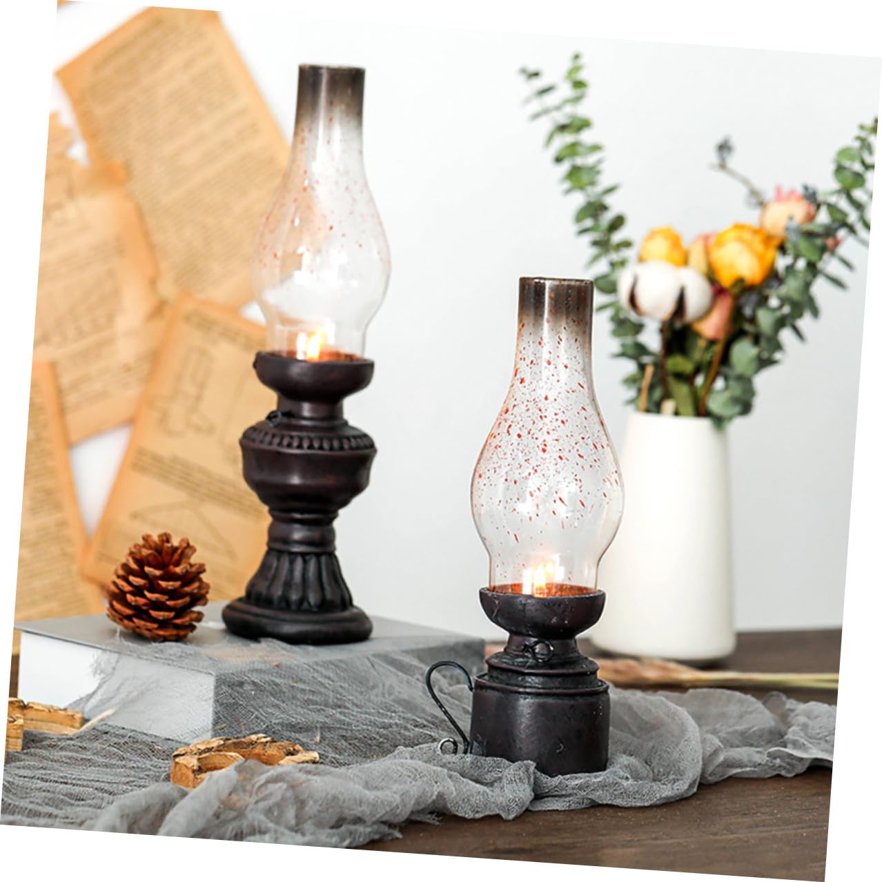 2 Pièces Lampe à Huile Modèle Vintage en Résine et Verre