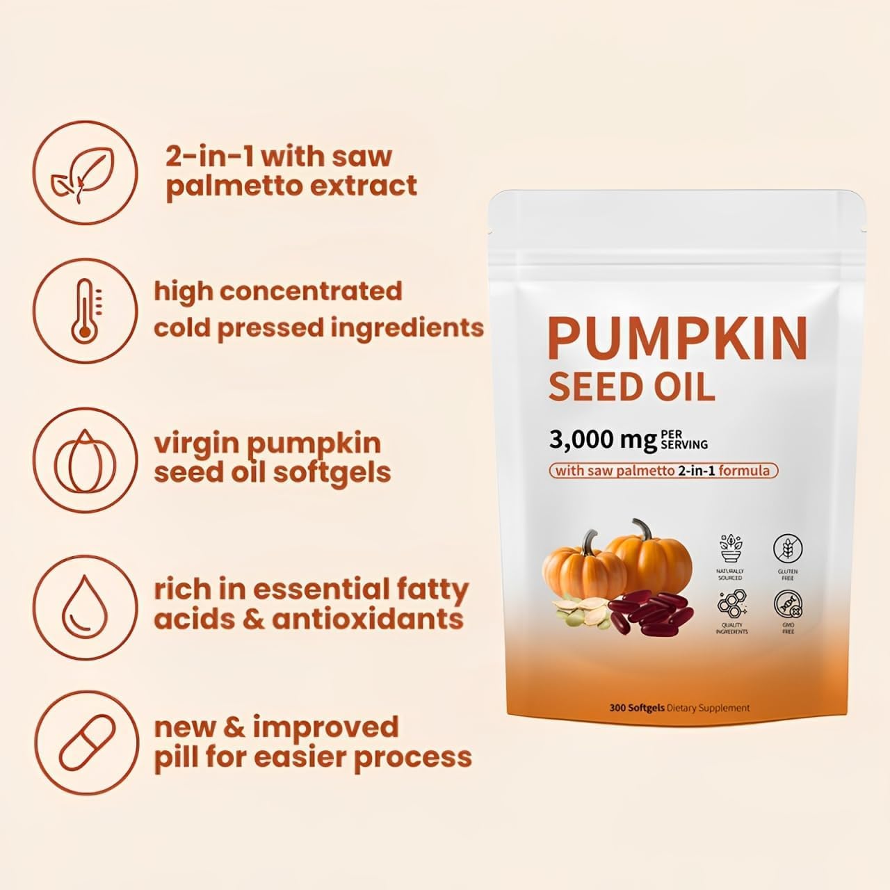 Pumpkin Seed Oil Capsules for Hair Growth, Pumpkin Seed Oil with Saw Palmetto, 3000mg Softgels Supports Hair, Urinary, Bladder & Prostate Health, Non-GMO, Gluten Free