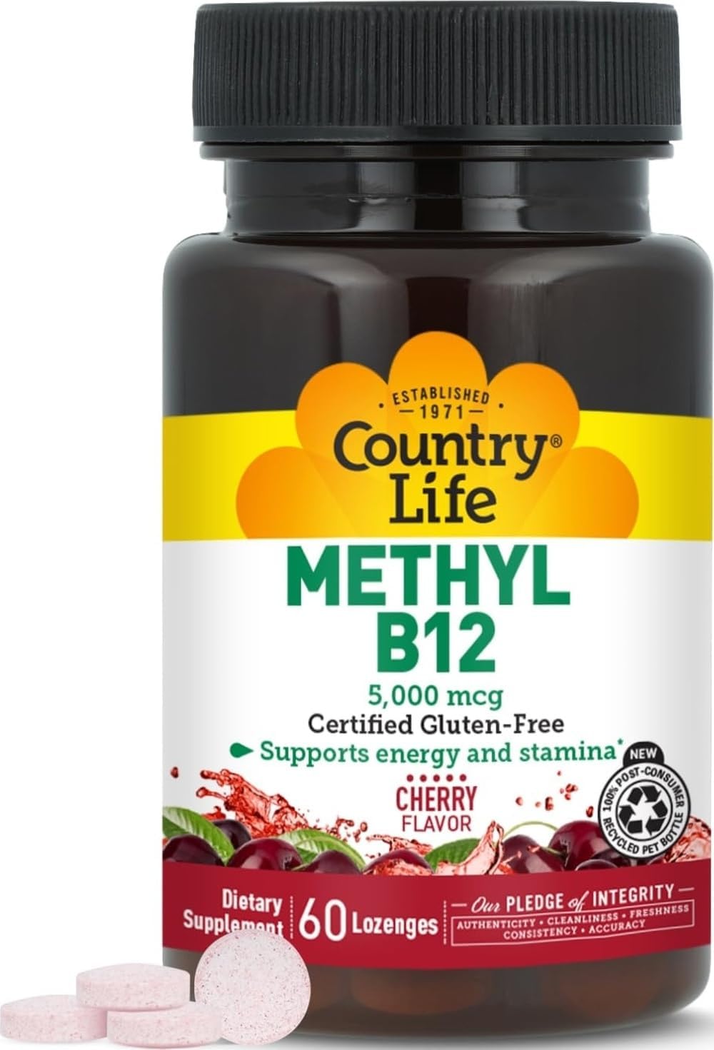 Country Life Methyl B12 5000mcg Lozenges, Vegan Energy Supplement 60 Count | Cherry lozenge for daily energy and stamina support. Certified vegan, gluten-free, kosher, and non-GMO verified