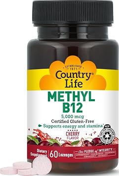 Country Life Methyl B12 5000mcg Lozenges, Vegan Energy Supplement 60 Count