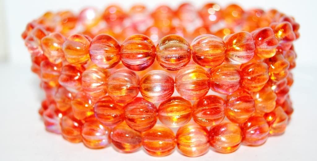 150 pcs Melon Round Pressed Glass Beads with Stripes, 48120 (48120), Glass, Czech Republic, Size 8 mm (0.31 in)