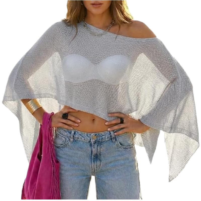 1Pcs Grey Women Knit Asymmetrical Poncho Beach Cover Up Top, Loose Summer See Through Sheer Top for Women, Lightweight Off Shoulder Mesh Knit Shawl, Hollow Out Sheer Poncho Top-image-40