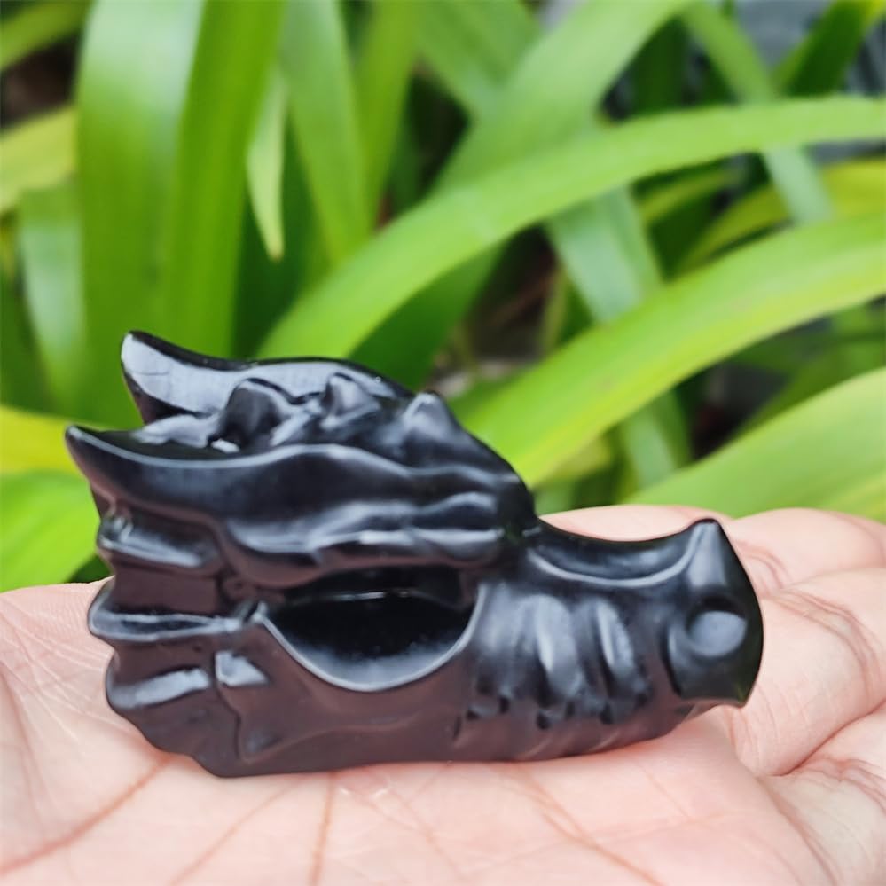 TEAMWILL 2" Natural Obsidian Crystal Dragon Head Statue Realistic Black Dragon Head Figurines Animal Sculpture Stone Statue Decor