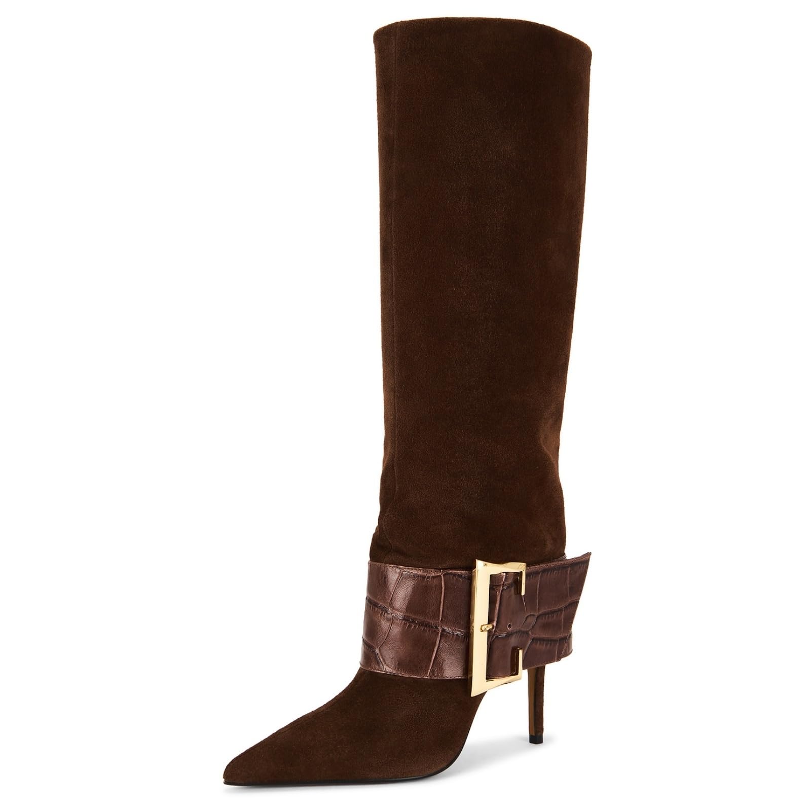 Womens Knee High Pointed Toe Stiletto Heel Boots Faux Leather Slip-on Tall Boots with Dressy Metal Buckle Comfortable