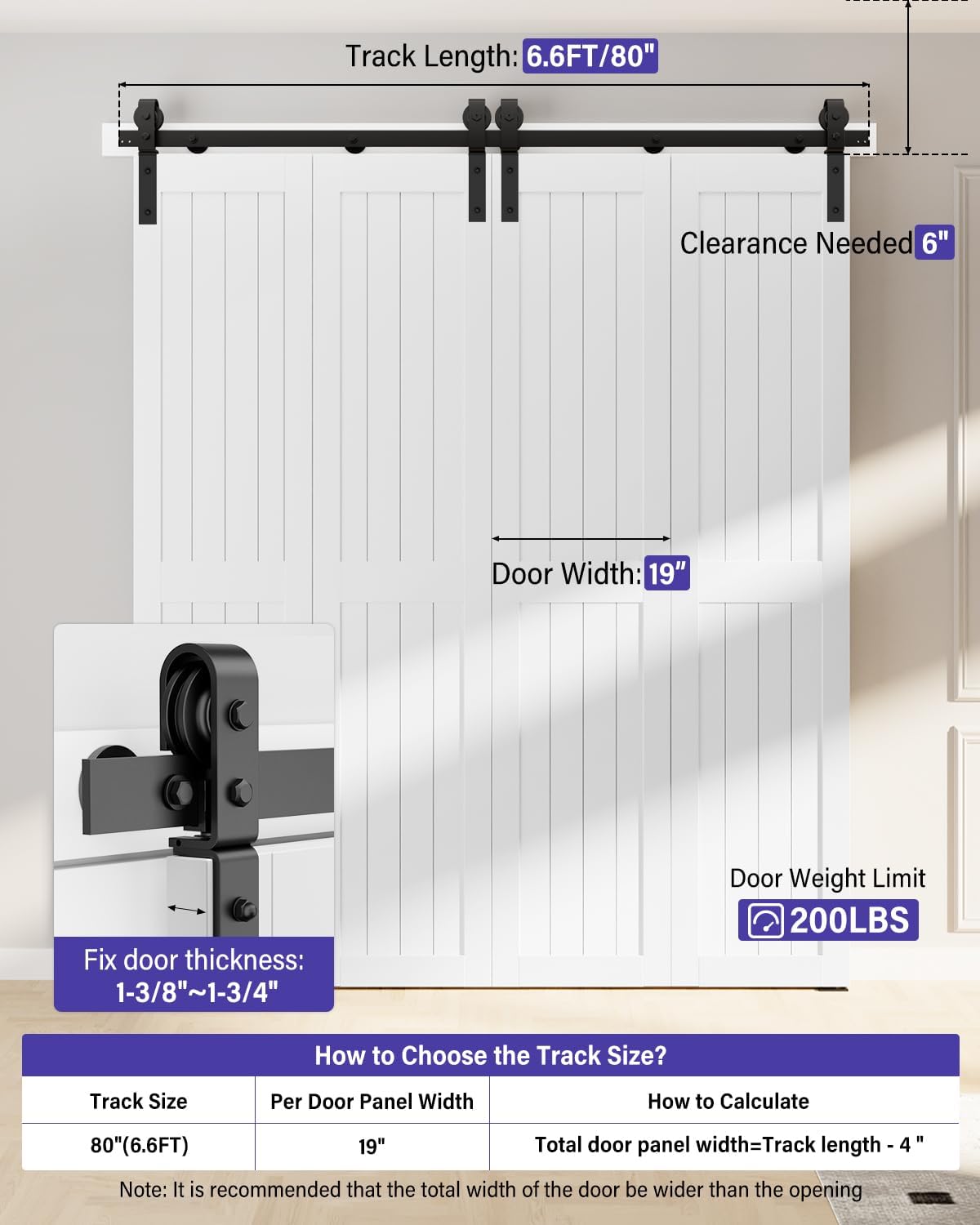 EaseLife 76" Brushed Nickel Bi-Folding Sliding Barn Door Hardware Track Kit For 4 Closet Door - View #3