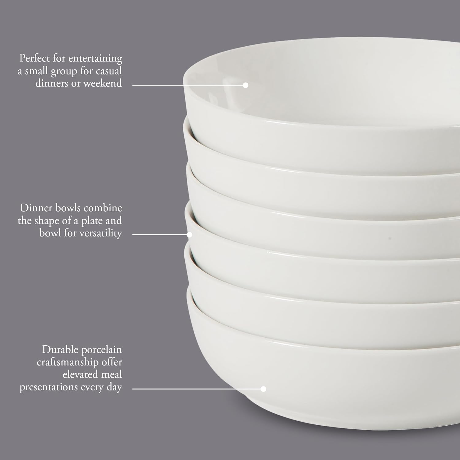 Gibson Home Zen Buffet 6-Piece 41oz Large Pasta Bowls Porcelain Ceramic Chip and Scratch Resistant Shallow Salad Bowl, Serving Bowls, Soup Bowls Set, Dishwasher & Microwave Safe White - Image 3