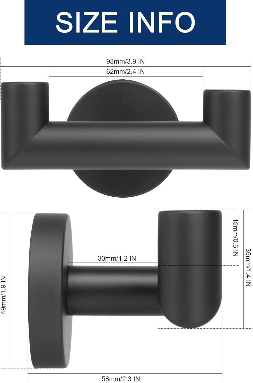 NearMoon Bathroom Double Towel Hook- SUS304 Stainless Steel Robe Towel Holder, Heavy Duty Double Coat Hook for Bathroom Livingroom Kitchen Wall Mounted (Matte Black-U, 5 Pack)