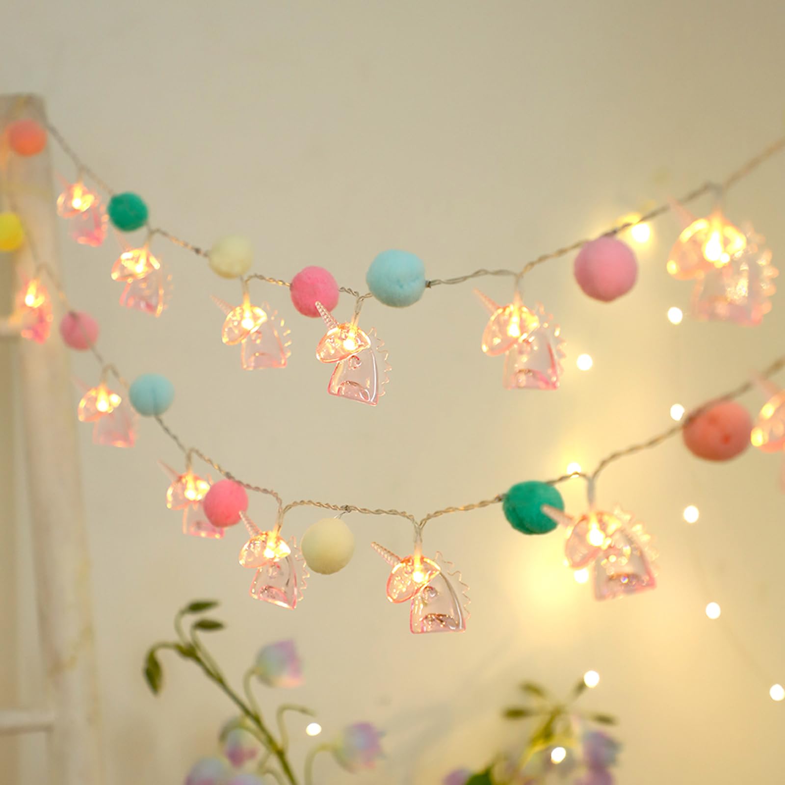 9.85FT Unicorn String Lights Cute Pom Poms Fairy LED String Lights Battery Operated with Timer Decor Lights for Kids Bedroom Birthday Party Kids