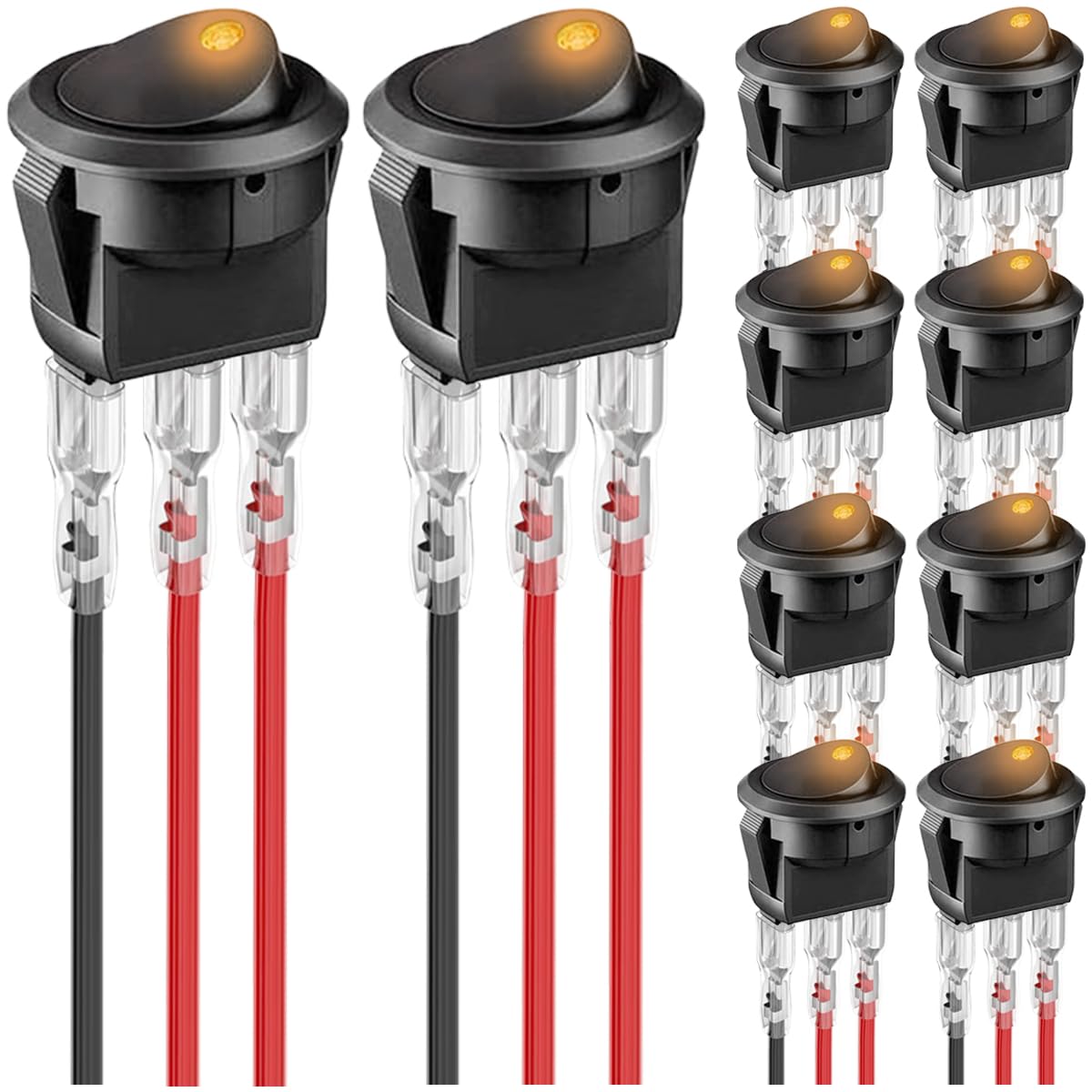MKBKLLJY 10Pcs Round Rocker Switch Yellow LED 12V 20A 3Pin Wired LED Light Power On Off Switch SPST Lighted Toggle Switch with 30Pcs Locked Terminal Wires for Car Truck RV Vehicle Marine Yacht Boat