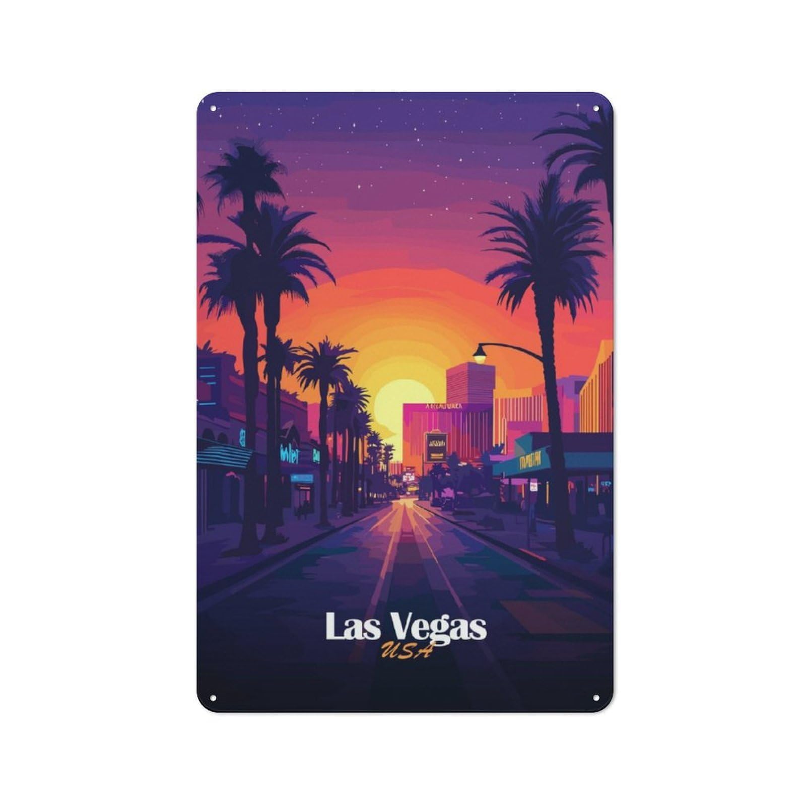 Junmoney Las Vegas Sunset Cityscape Tin Sign 30X20cm With For Living Room Wall, Rustic Decor, Seasonal Metal Wall Decor For Autumn Interiors