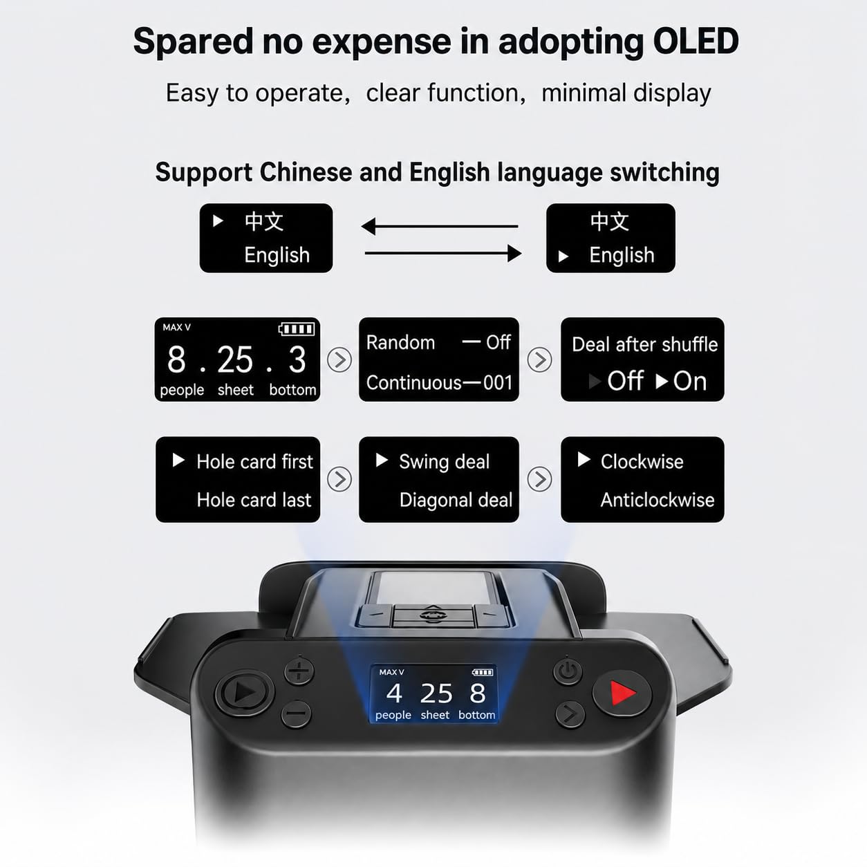 Shuffler e rivenditore automatico 2 in 1 con display touch OLED | Tre modalità di rotazione per 1-8 giocatori, quattro pulsanti di chiamata wireless e una batteria ricaricabile da 5200 mAh