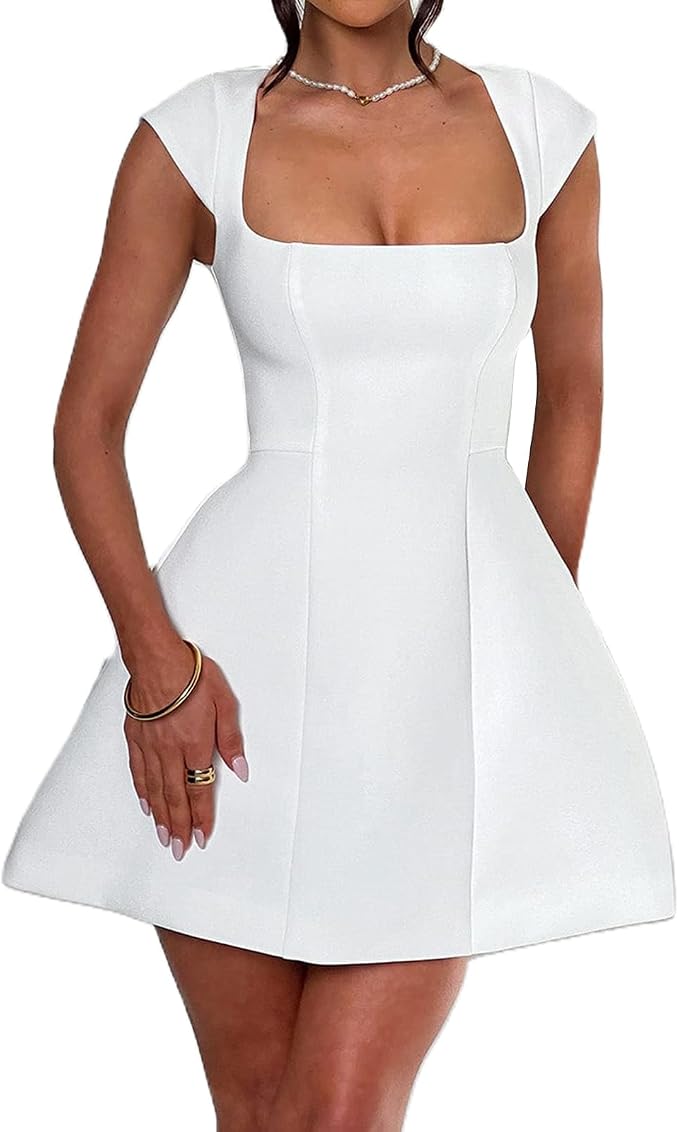 cap sleeve layered a-line mini dress in white Cap Sleeve White Dresses