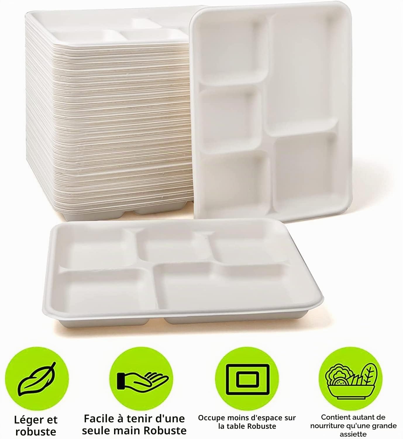 MSYU Lot de 125 assiettes en carton 100 % compostables à 5 compartiments - Plateau à déjeuner jetable de qualité supérieure - Respectueux de l'environnement - Fabriqué en fibres de canne à sucre