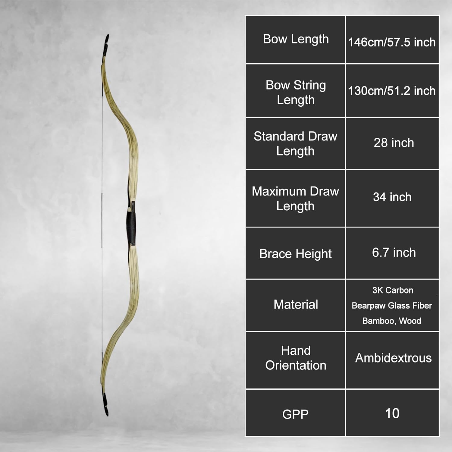 AF Archery SiCai 3K WhiteIce 57" Traditional Recurve Bow Laminated Longbow Horse Hunting Bow for Archery Enthusiasts