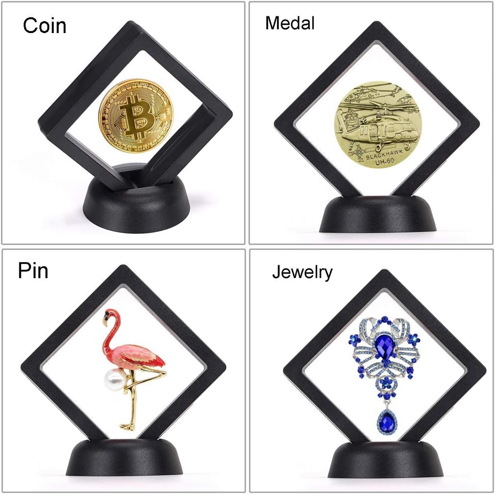 AIFUSI 10 Pack Coin Display Case Stands, 3D Floating Frame Ornament Display Holder Box with Stand Diamond Square for Military AA Medallion Challenge Coin Chip Jewelry Decorative - Ideal for Gift