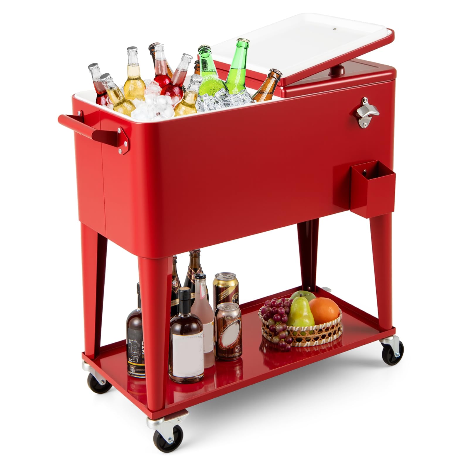 COSTWAY 75L Rolling Ice Chest, Portable Patio Beverage Cooler Cart with Bottle Opener and Wheels, Outdoor BBQ Bar Party Drink Ice Bucket Trolley (Red, with Shelf)