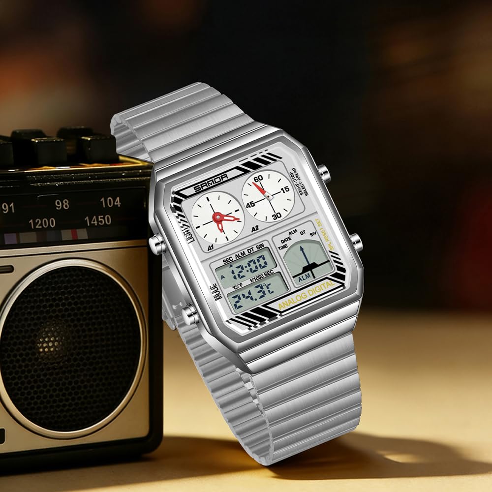 FANMIS Orologio digitale da uomo retrò con cinturino in acciaio con visualizzazione della temperatura, impermeabile fino a 5 atm, orologio da polso sportivo con retroilluminazione a LED, sveglia