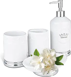 Bathroom Accessory Set, 4 Pcs Ceramic Sets with Crown Motif, Toothbrush Holder, Soap Dispenser, Soap Dish, Tumbler Cup, Modern Bathroom Sink Set Vanity Countertop Decor, White and Silver