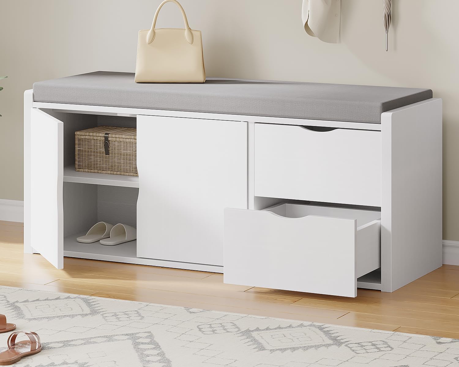 LVB Storage Entryway Bench, Long Shoe Bench with Drawers Storage Shelf, Modern Entry Way Bench with Padded Cushioned Seating, Wood Shoe Rack Benchs for Foyer Entrance Living Bedroom, White Oak, 40in