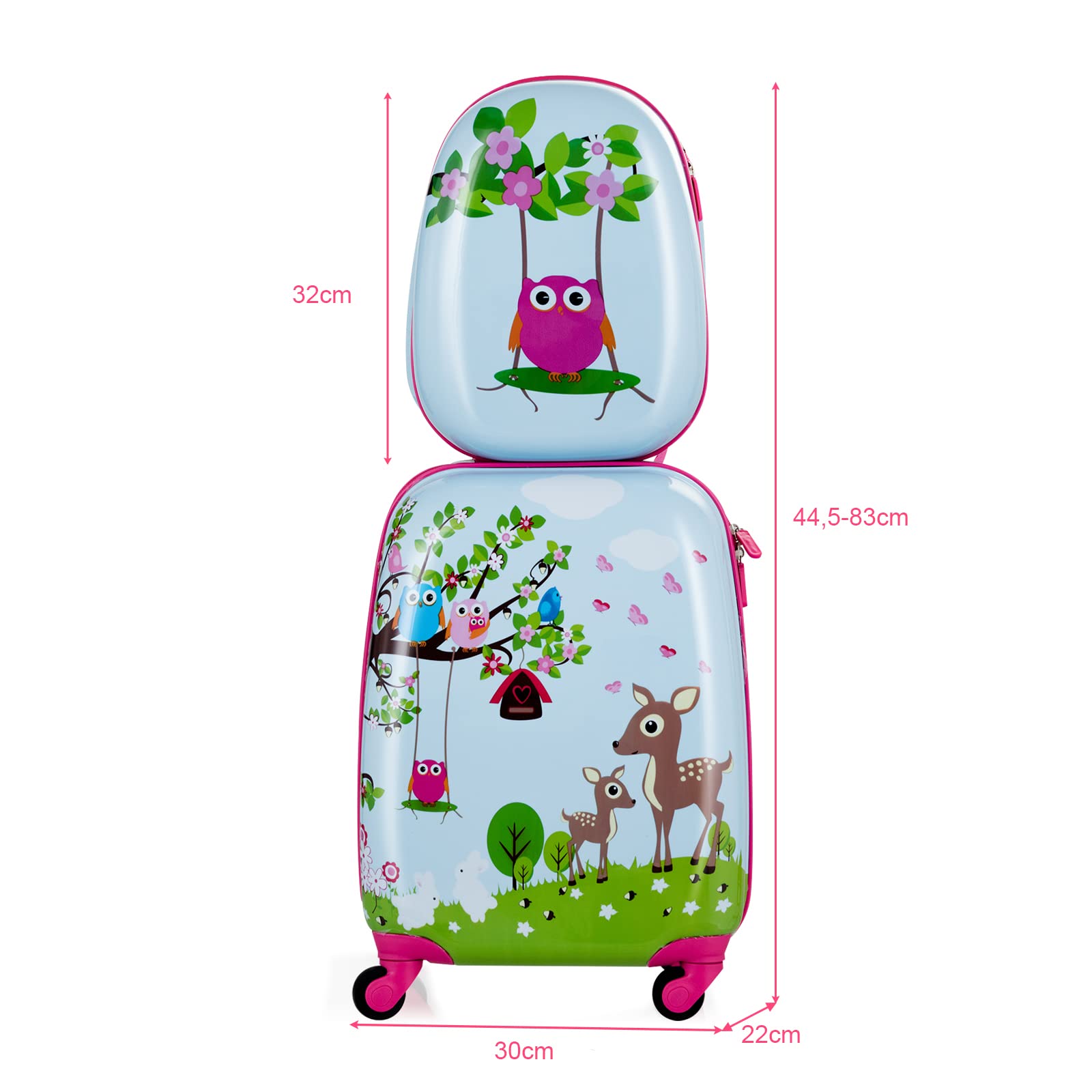COSTWAY 2tlg Kinderkoffer + Rucksack, Kindertrolley aus Kunststoff, Kindergepäck, Kinder Kofferset Handgepäck Reisegepäck Hartschalenkoffer für Jungen und Mädchen (Eule, 12"+16")
