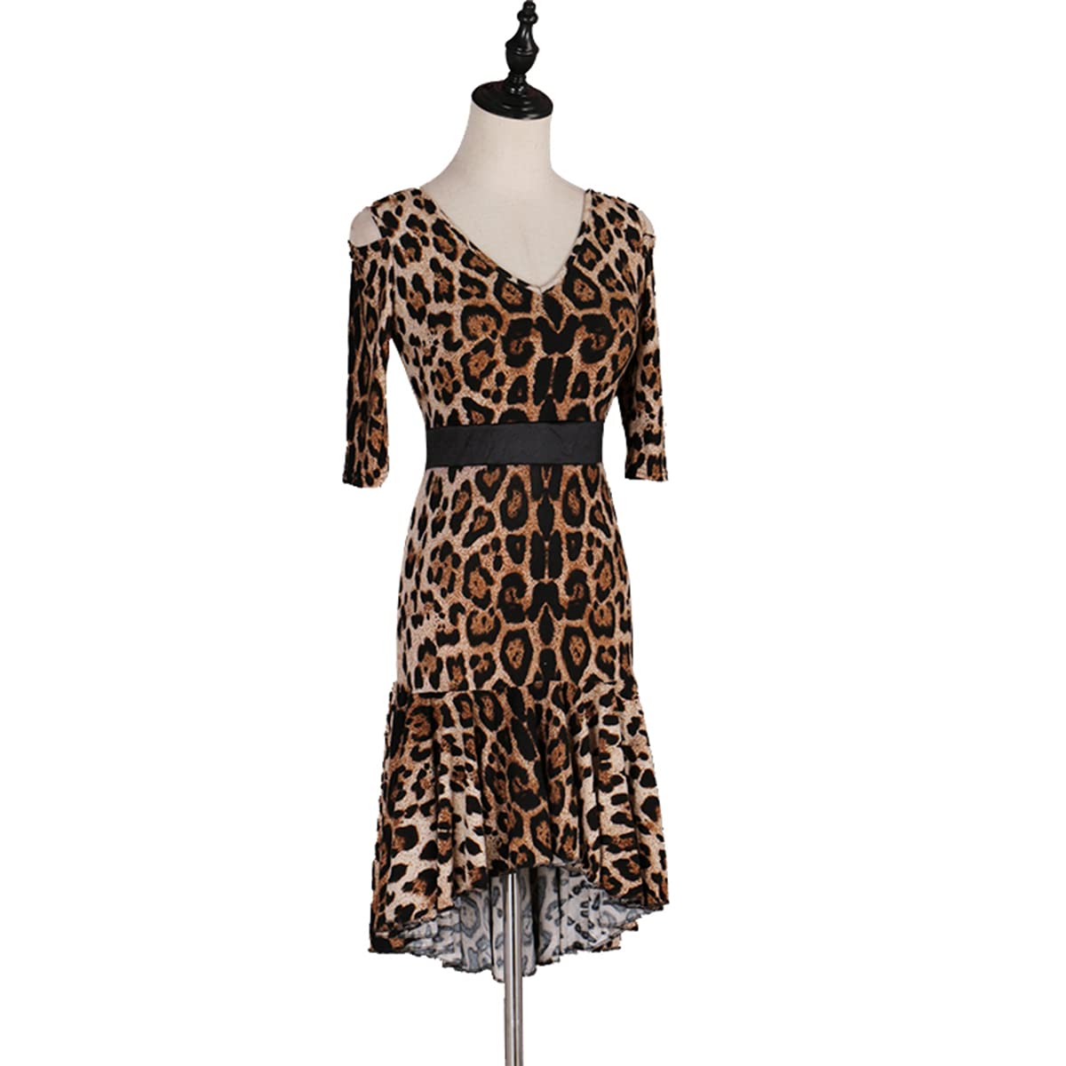 Abito da ballo latino leopardo con scollo a V manica media abito da competizione latina Salsa Samba Cha Gonna da allenamento latino Valzer Foxtrot Abito da ballo