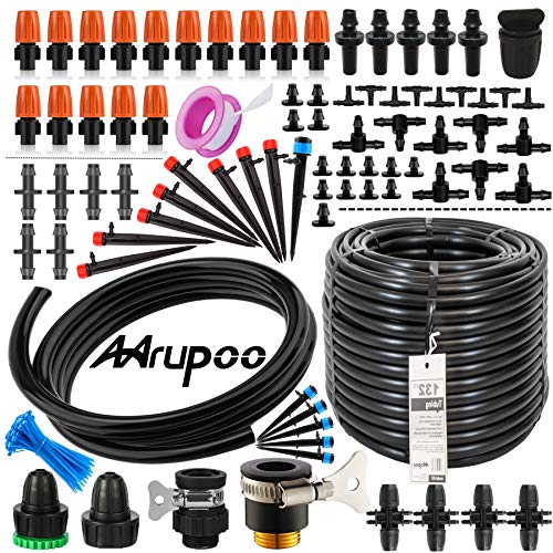 Drip Irrigation Parts Sprinkler System Tubing for Flower Vegetable Plants Watering, Garden Kit Accessories with 8/11'' Seamless Tubing, 132FT- 4/7'' Pipeline/Dripper/Atomizing Nozzle and More