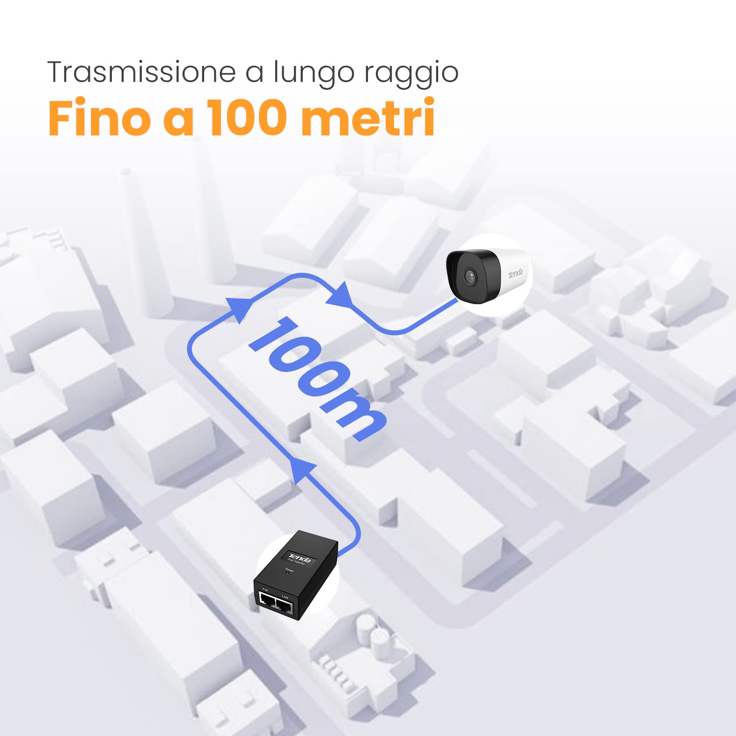 Tenda POE15F PoE Injector, Adattatore PoE Ethernet Rapido 48 V - 2 Porta RJ45 10/100 Mbps, IEEE 802.3/af/u, Fornisce Alimentazione fino a 100 m, 15,4 W Massimi, Plug and play, Nero, Alimentazione