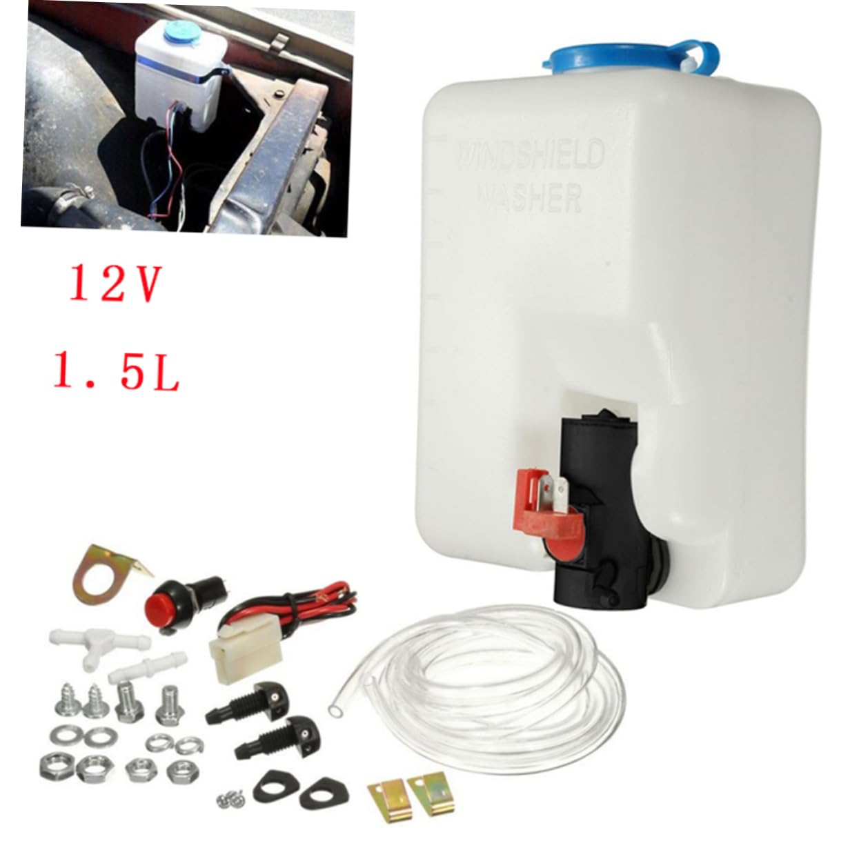 SOLUSTRE Scheibenwaschflüssigkeitsbehälter mit Wasserpumpe Universelle Auto Scheibenwaschanlage Satz 1,5l aus Kunststoff und Metall PC für Limousine und Geländewagen | 1, 5m Schlauch, Düsen und Befestigung für Kabel, Satz für Anhänger und Lkw