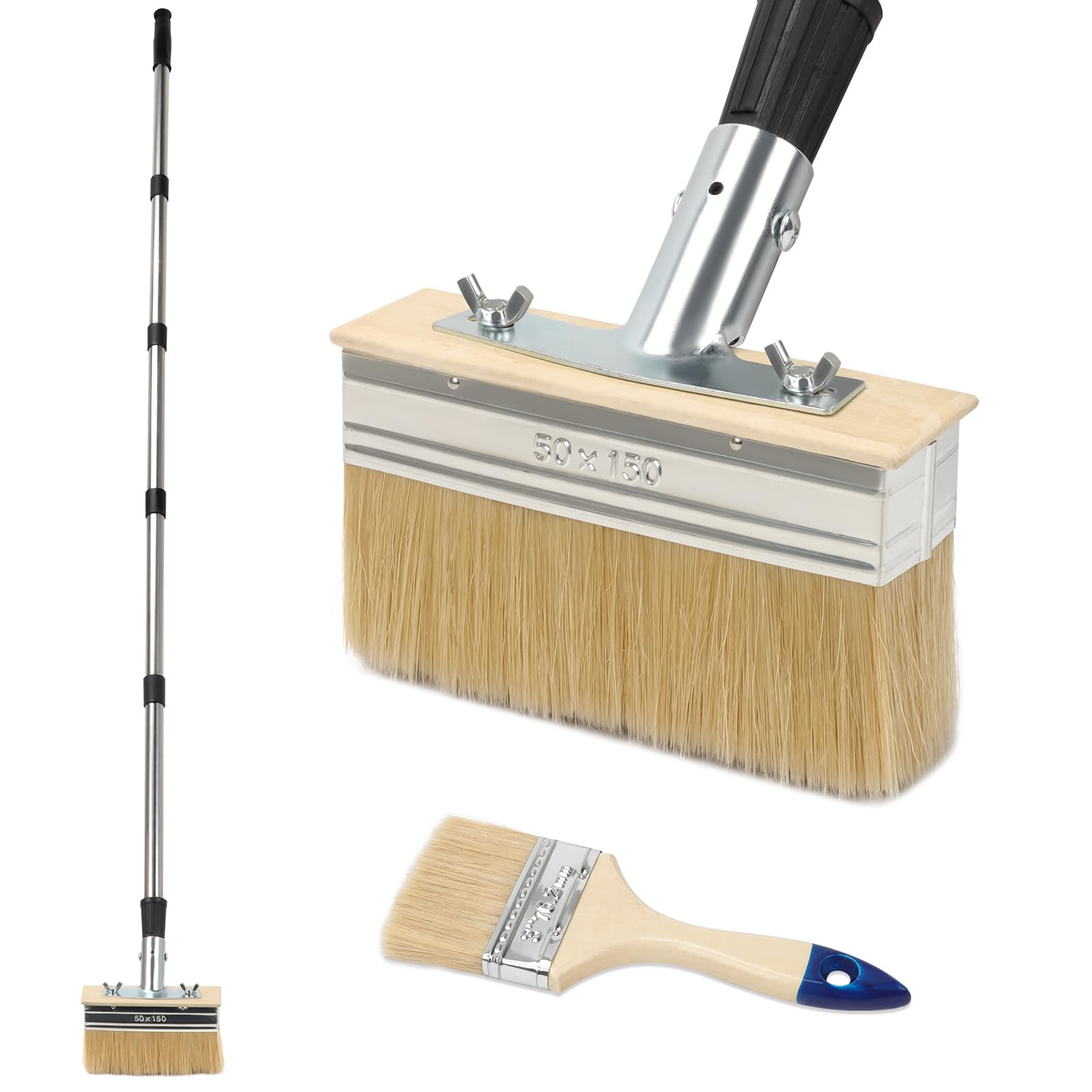 Terrassen-Streichbürste mit Teleskopstiel – 150mm Lasurpinsel & 3-Zoll Malerbürste – inkl. 152 cm Verlängerungsstiel – Streichbürste für Holzterrasse, Zaun, Betonboden, Holzschutz, Öl, Lack, Lasur