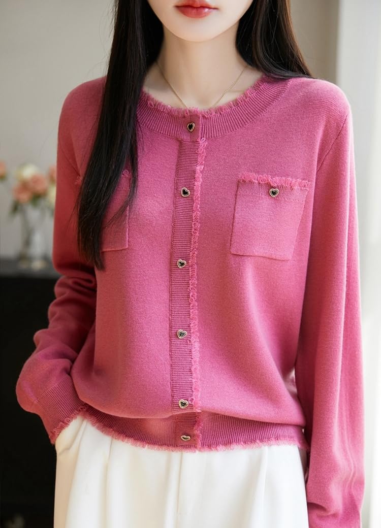 Camiseta de Jersey de Lana Merino de Lana Merino de Manga Larga de Cuello Redondo Suéter Ligero con Botones en Forma de Corazón, Top de Punto Deshilachado Chic Prenda de PU