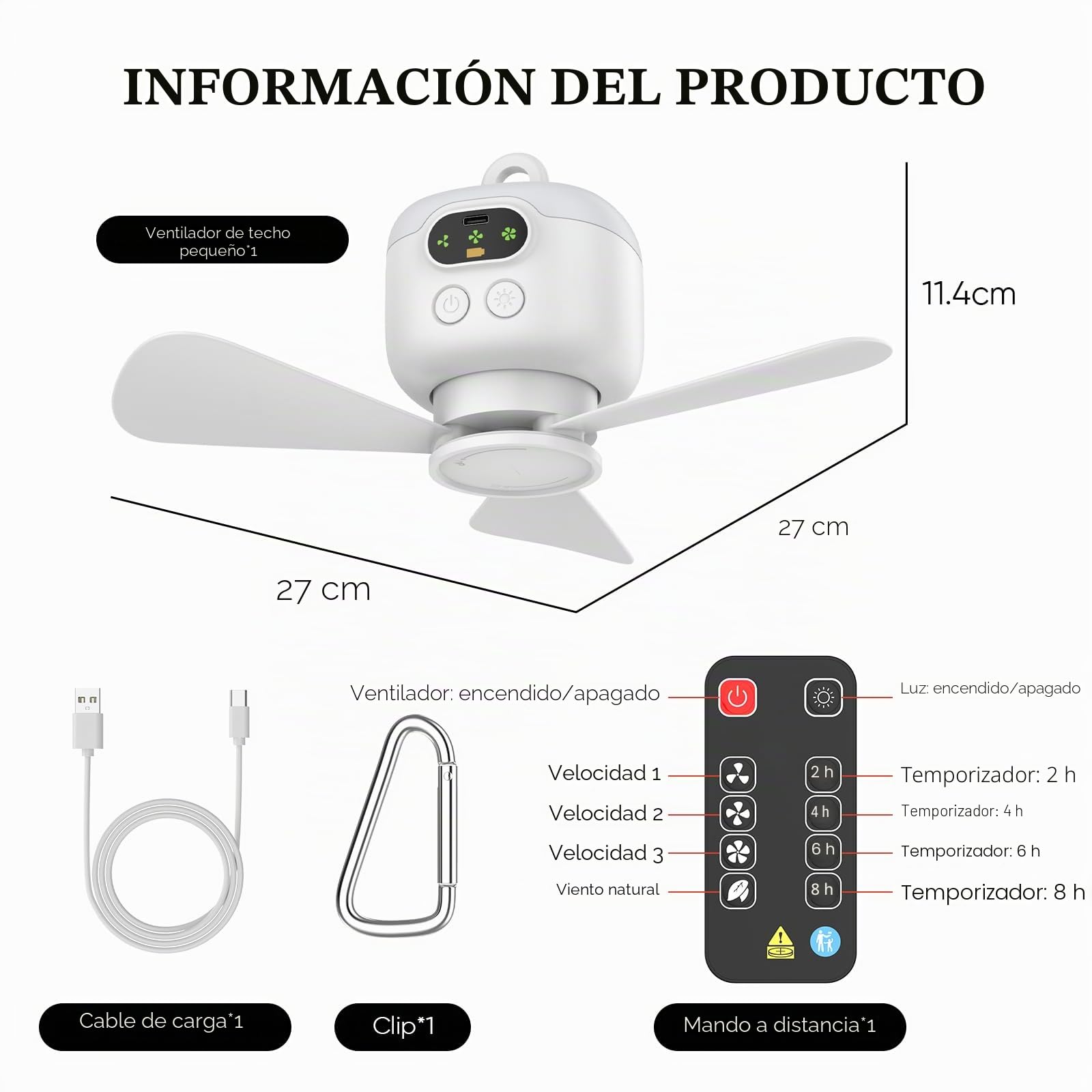 Ventilador de techo USB con luz, batería de 8000 mAh, ventilador de camping con mando a distancia, ventilador colgante silencioso de 3 velocidades, recargable para tienda de campaña, cenador