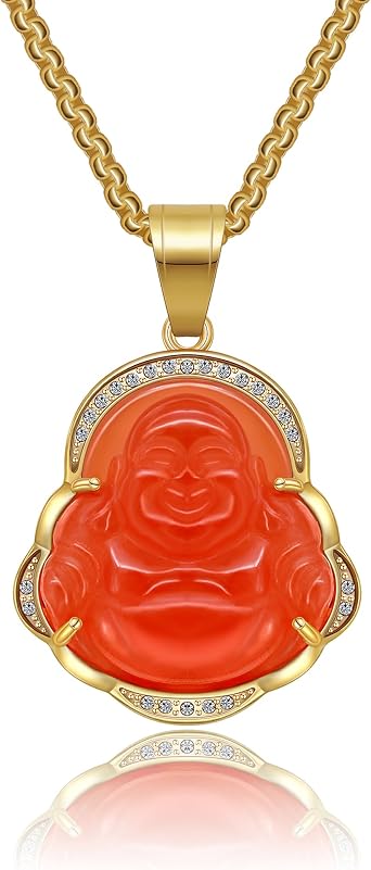 AILUOR Lucky Laughing Buddha Necklaces, Good Luck Necklace Buddha Pendant Green Jade Buddha Necklace Iced Out Bling Cubic Zirconia 18K Gold Plated Chain Dainty Amulet Necklace Jewelry Gift