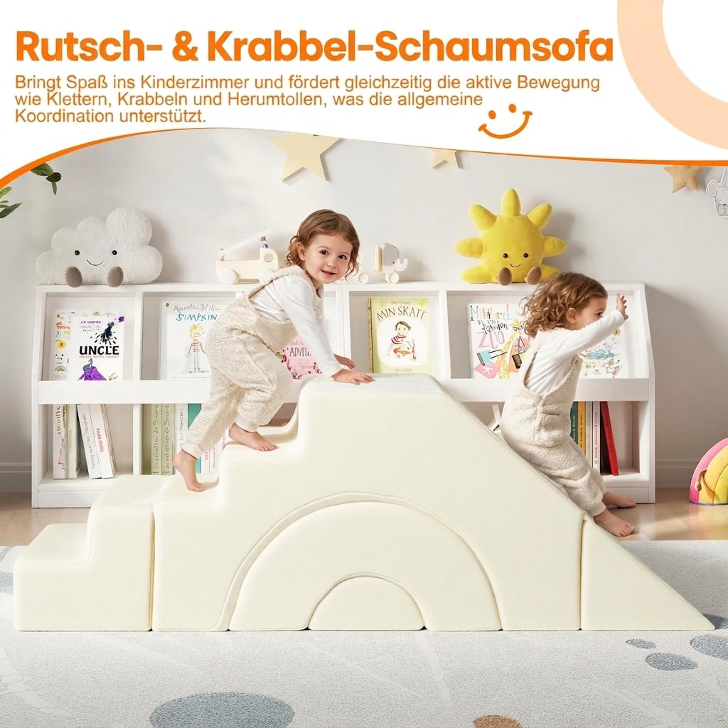 MeMoreCool Kindersofa Beige Fuer Leseecke Kinderzimmer, Ausklappbares Spielsofa mit Sitz- und Liegefunktion, Weiches Schaumstoff Mini Sofa mit Abnehmbarem Bezug ab 1 Jahr