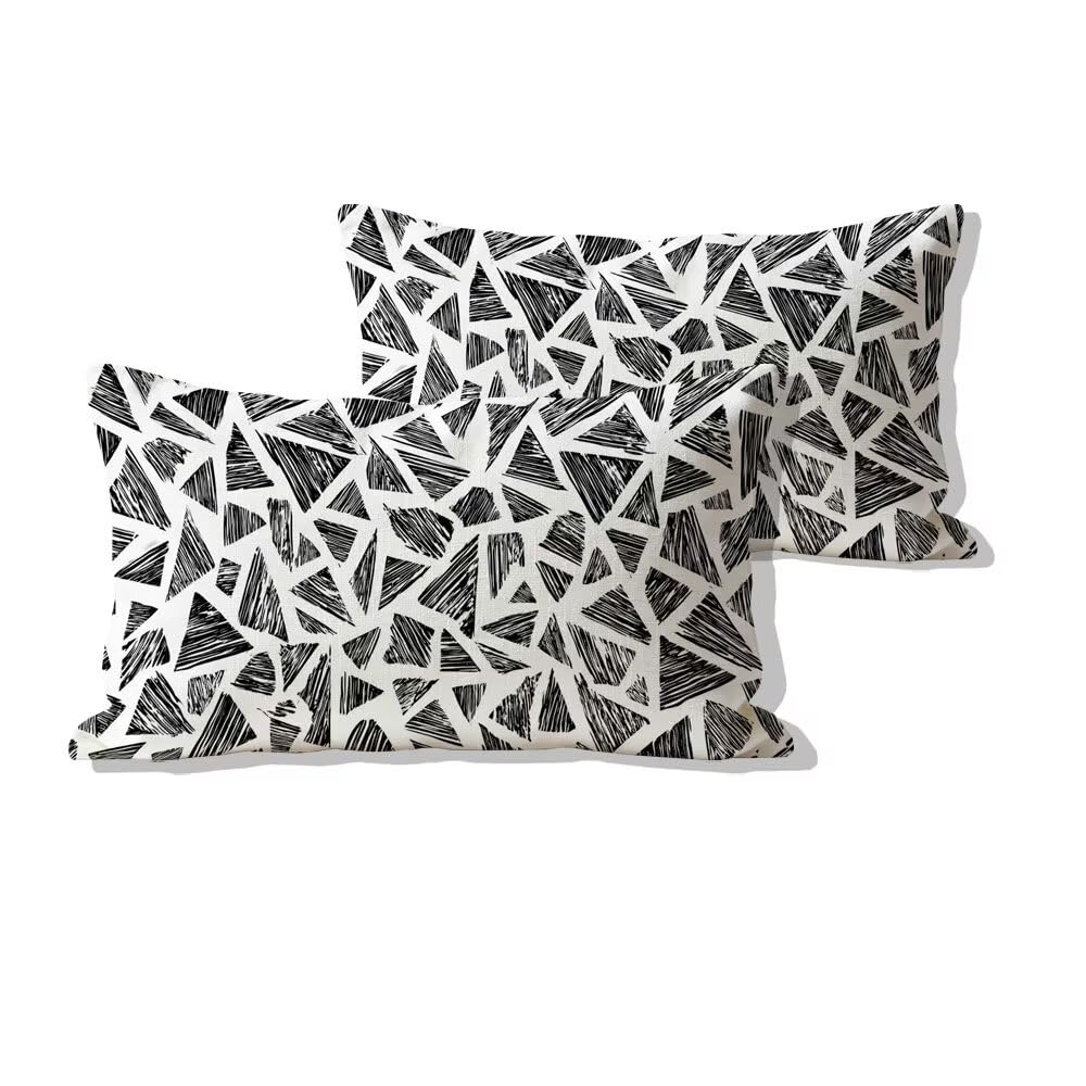 Housse de coussin extérieure imperméable 50x90 noir géométrie en lin pour jardin