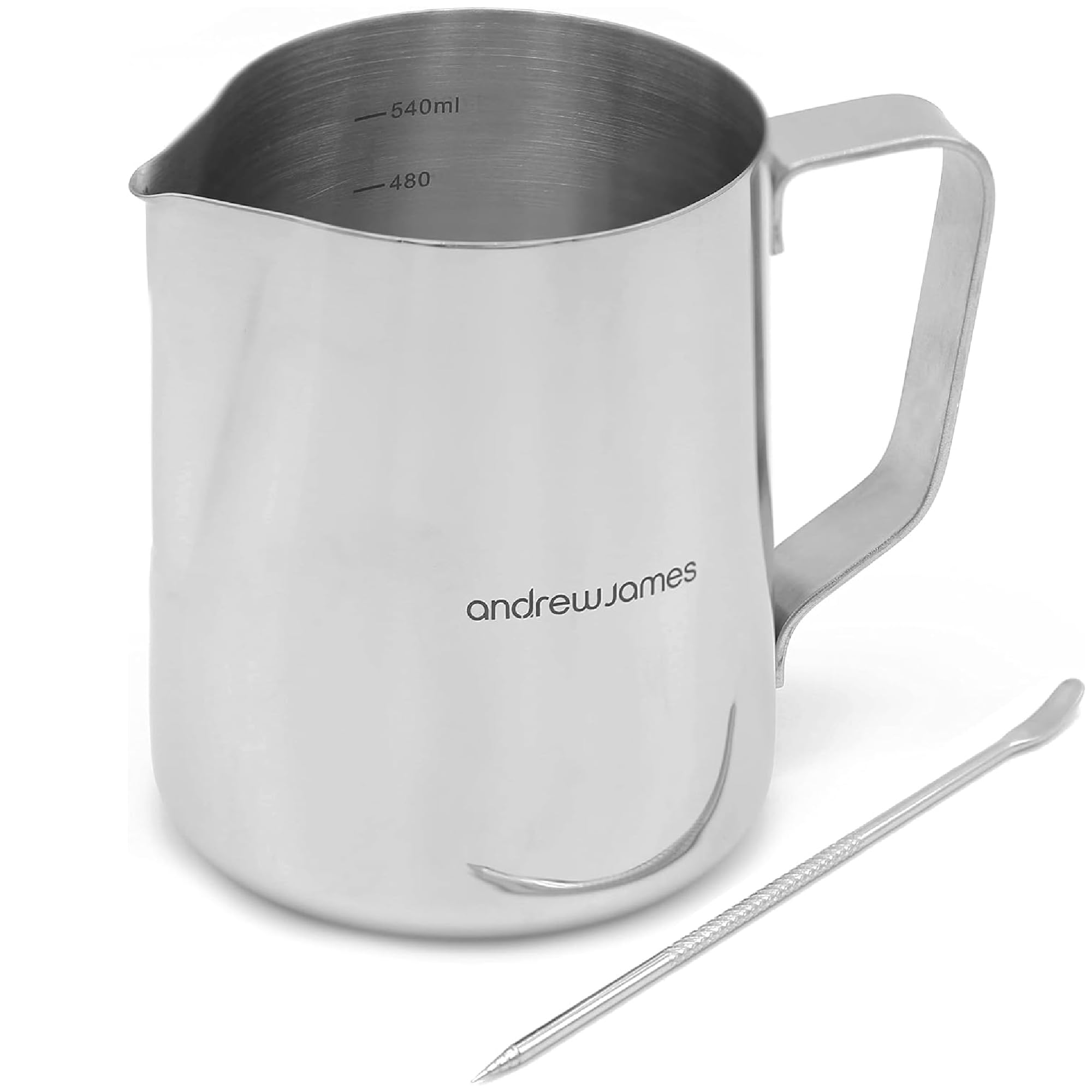 Andrew James 350-600ml Stainless Steel Milk Jug for Frothing Milk | Barista Style Metal Jug for Coffee Machine | Steady Pour Lip and Measuring Scale | Included Milk Art Pen (600ml)