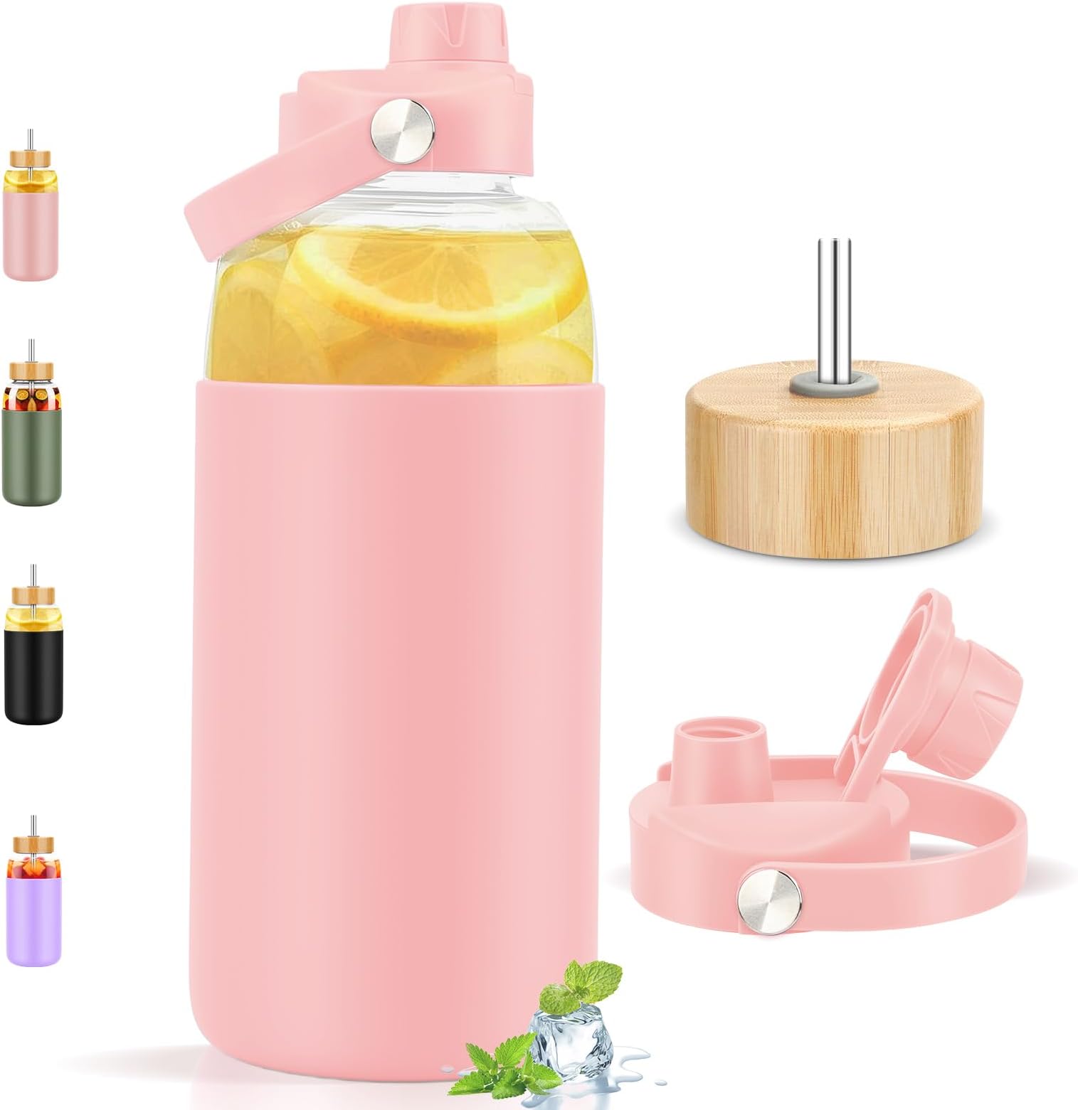 PROBTTL Glass Water Bottles 64 oz, Half Gallon Glass Water Bottle with Straw, Silicone Sleeve, 2 Lids - Handle Spout & Bamboo Straw Lid (Pink)