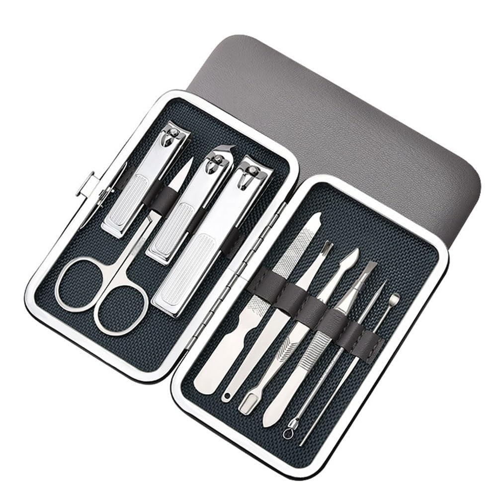 Juego de cortaúñas Kit de manicura y pedicura, tijeras portátiles de acero inoxidable for uñas, 10 piezas, herramientas de manicura y realce, herramientas for el cuidado de las uñas con estuche de via