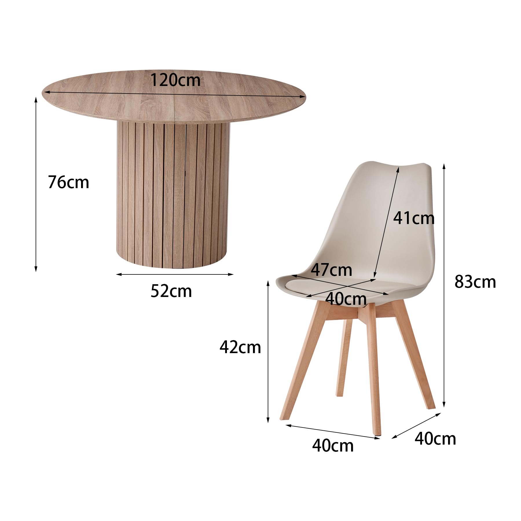 Tavolo da Pranzo Rotondo da 120 cm con 6 Sedie da Pranzo, Tavolo da cucina con Base in legno, Sedie da Cucina con Schienale in Plastica, per 4-6 Persone,Marrone Chiaro+cachi