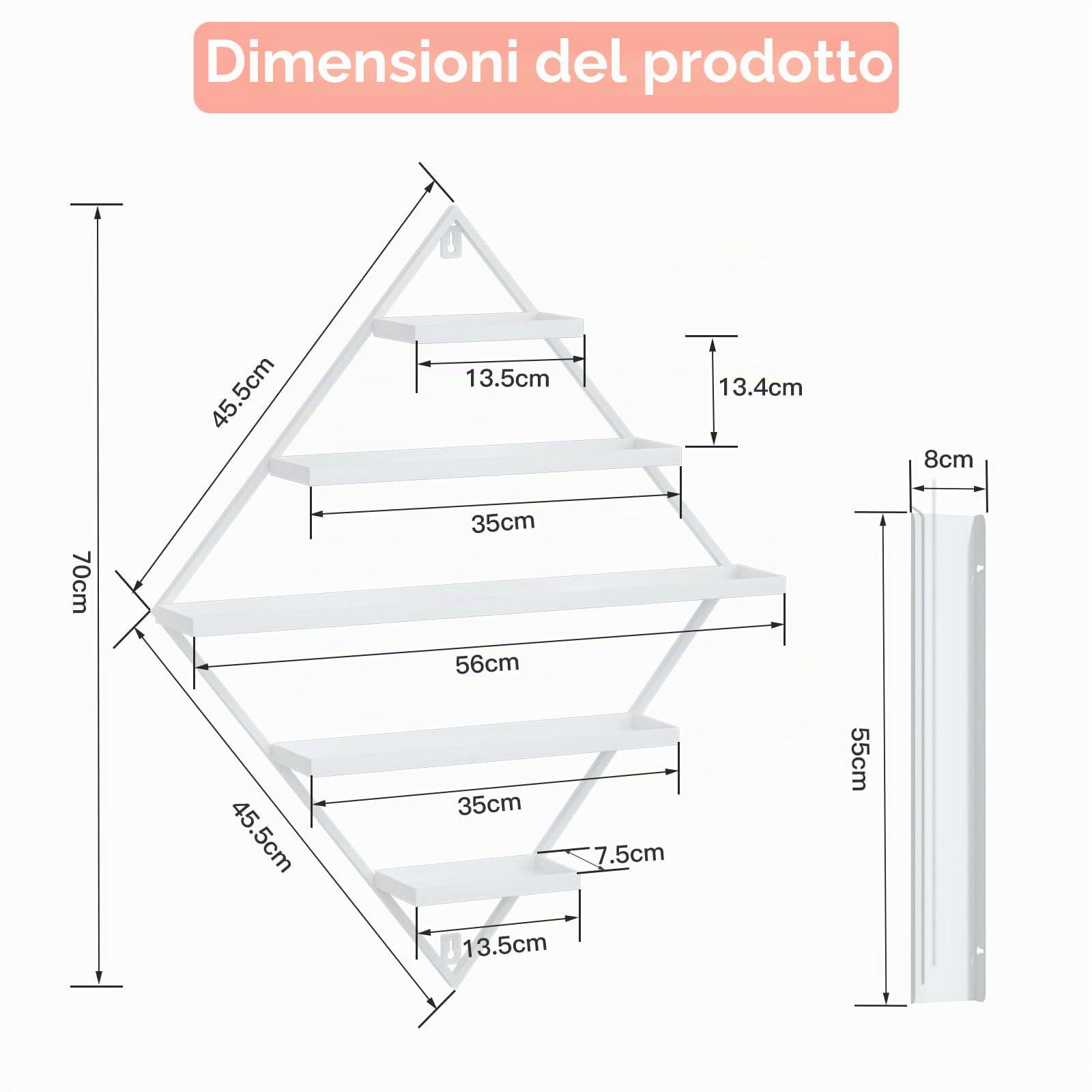 Set di 2 ripiani per smalto per unghie in metallo a forma di diamante, organizer per smalto per unghie con 5 livelli, supporto da parete per smalto per unghie, oli essenziali, rossetto